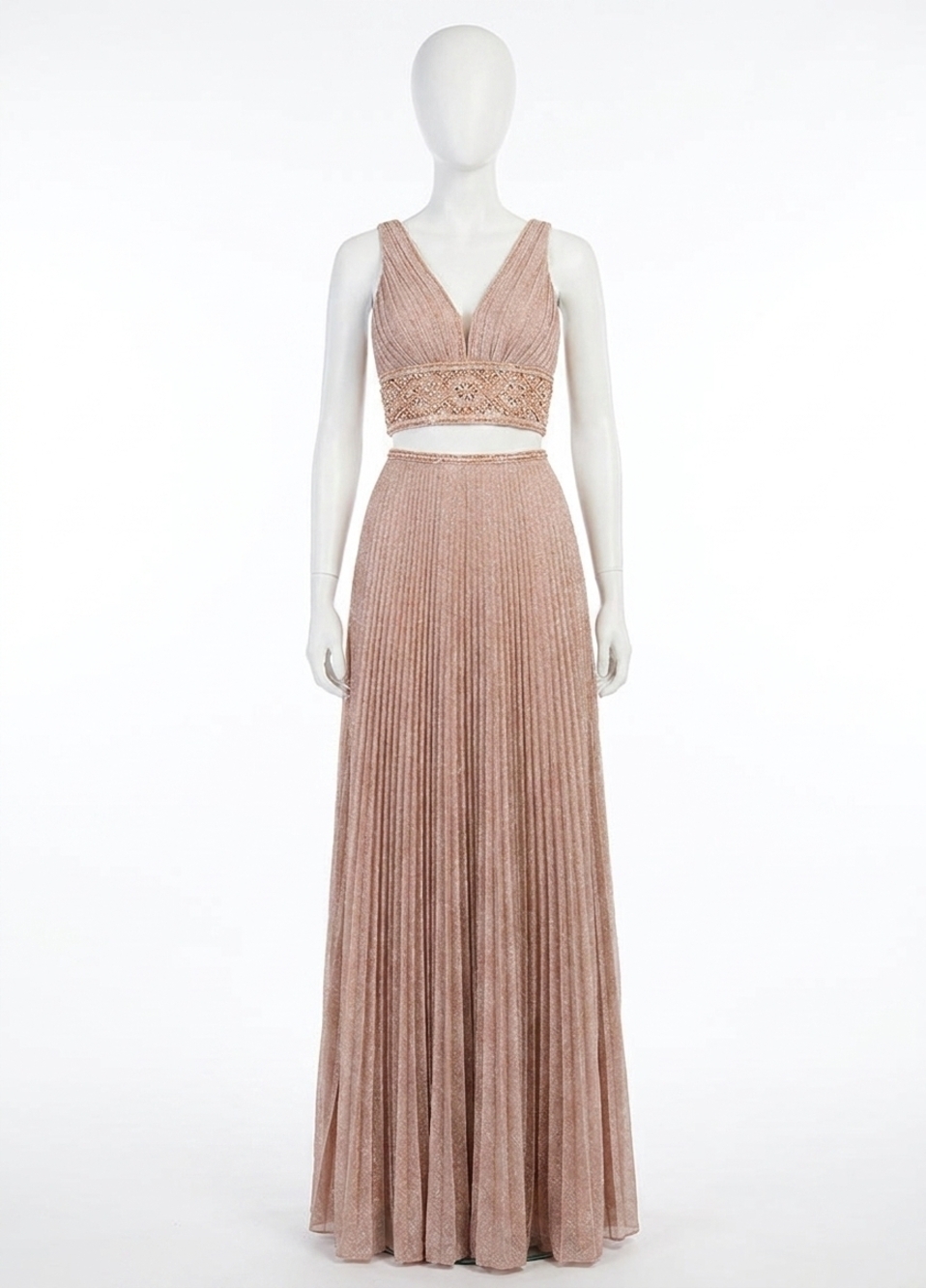 NEW RACHEL ALLAN pleated shimmer woven two-piece prom gown in rose gold